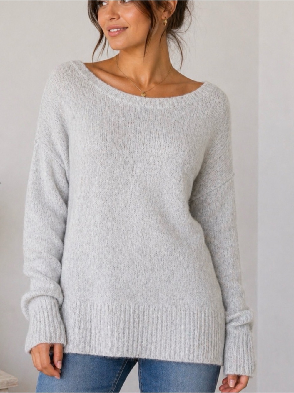 Lou & Grey sweater knit gray & white crew neck comfy cozy lightweight SZ XL